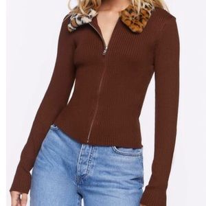 Faux Leopard Fur Zip Up Sweater